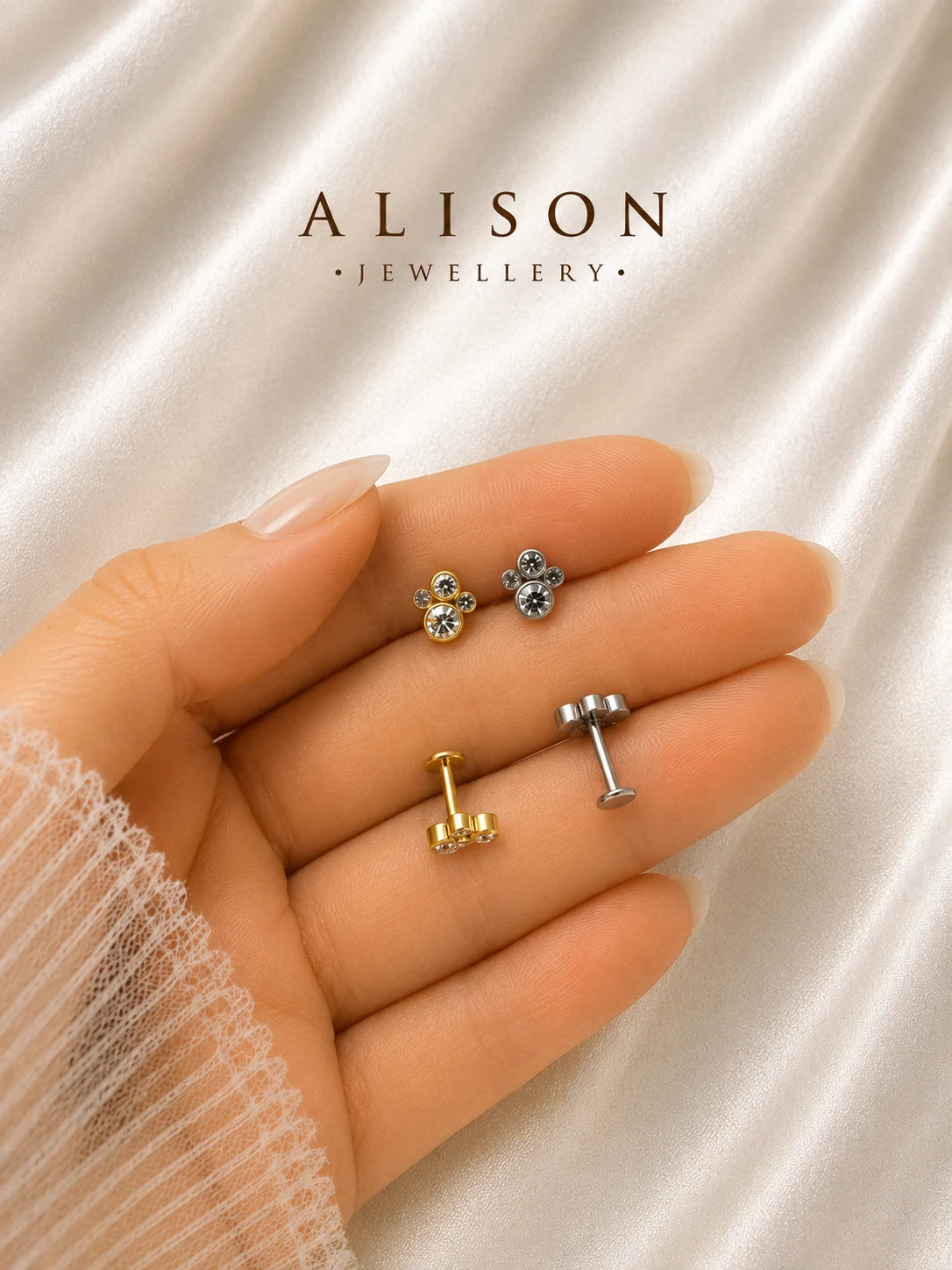 18K Gold Plated Stainless Steel Quad Crystal Labret Stud - PAIR