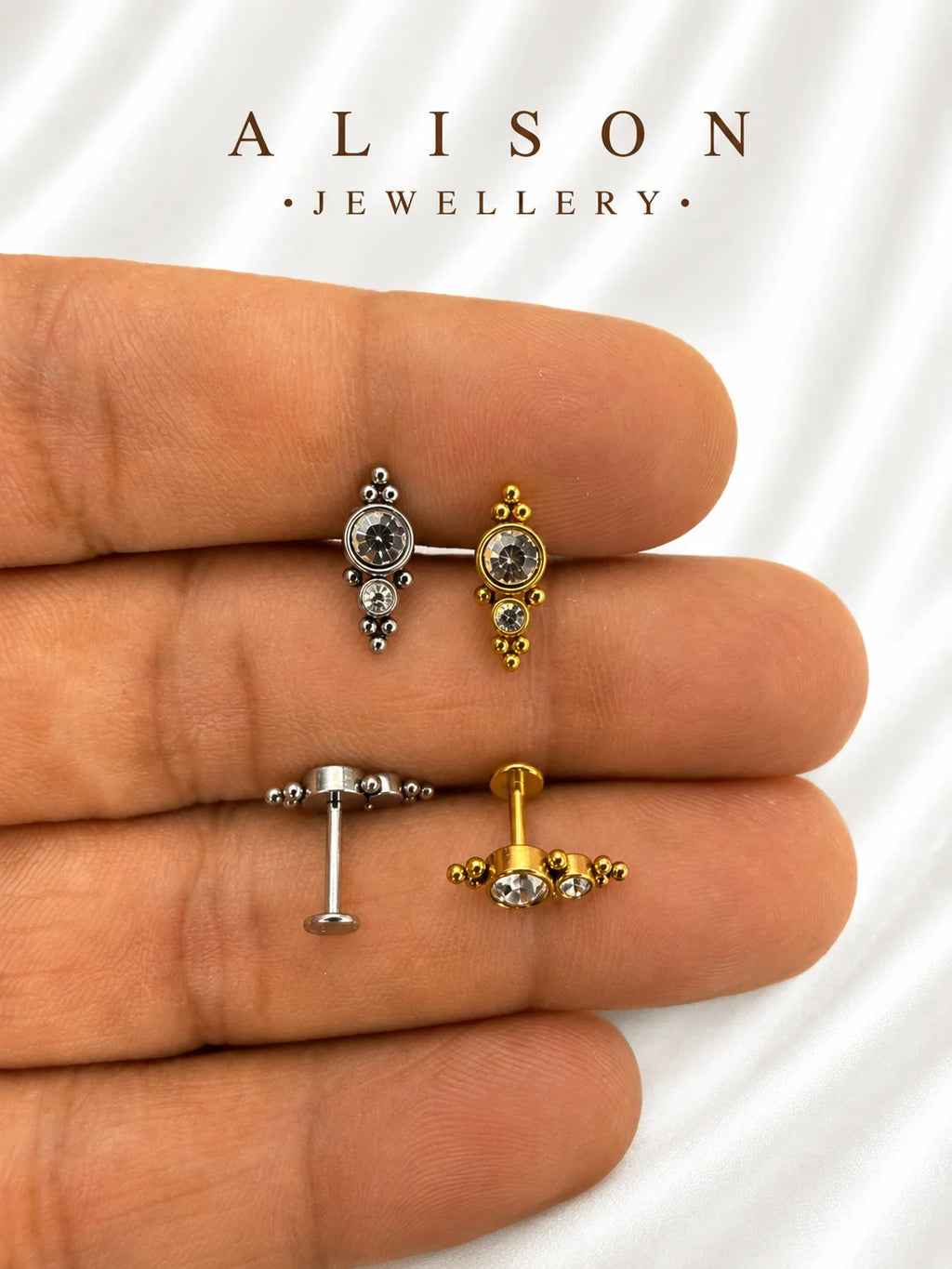 18K Gold Plated Stainless Steel Double Crystal Labret Stud - PAIR