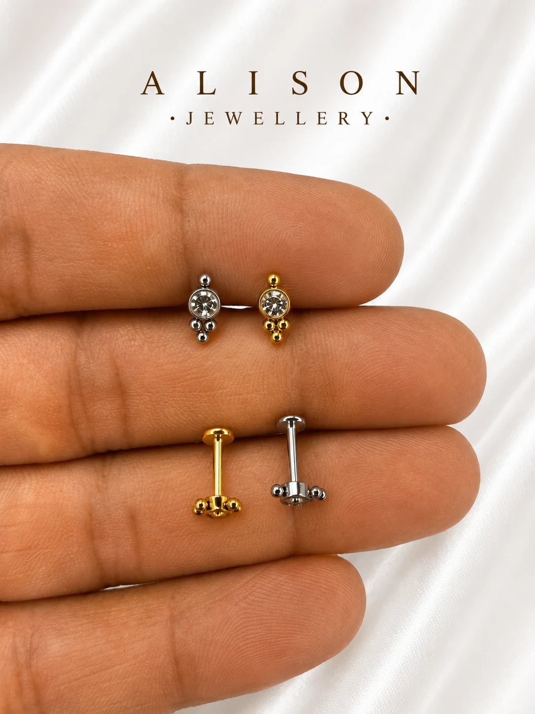 18K Gold Plated Stainless Steel Minimal Crystal Labret Stud - PAIR