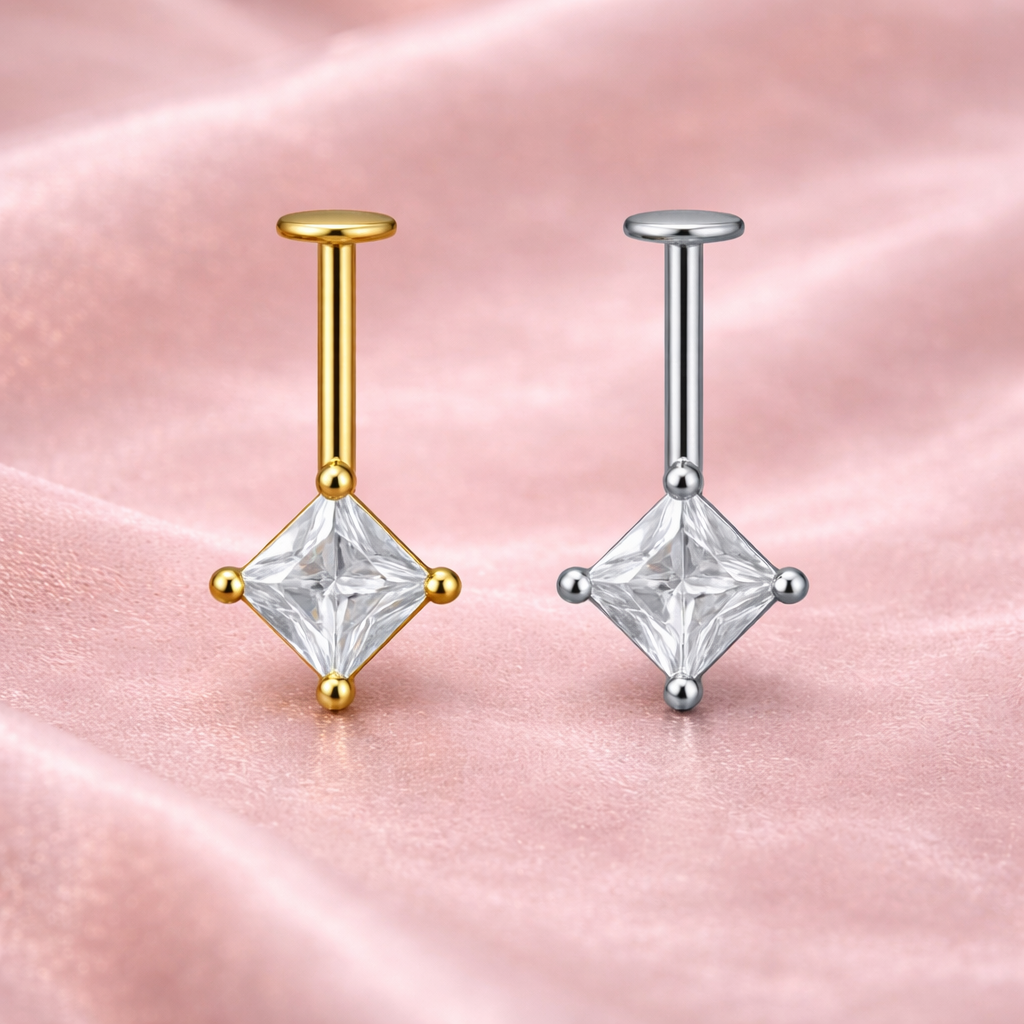 Square Shape White Diamond CZ Upper Helix(BUGADI) Studs 16G - 1 Piece