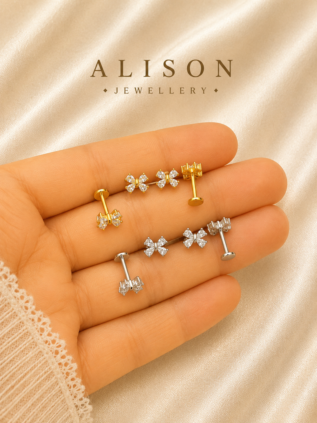 Stainless Steel Butterfly Zircon Flat Back Stud - PAIR