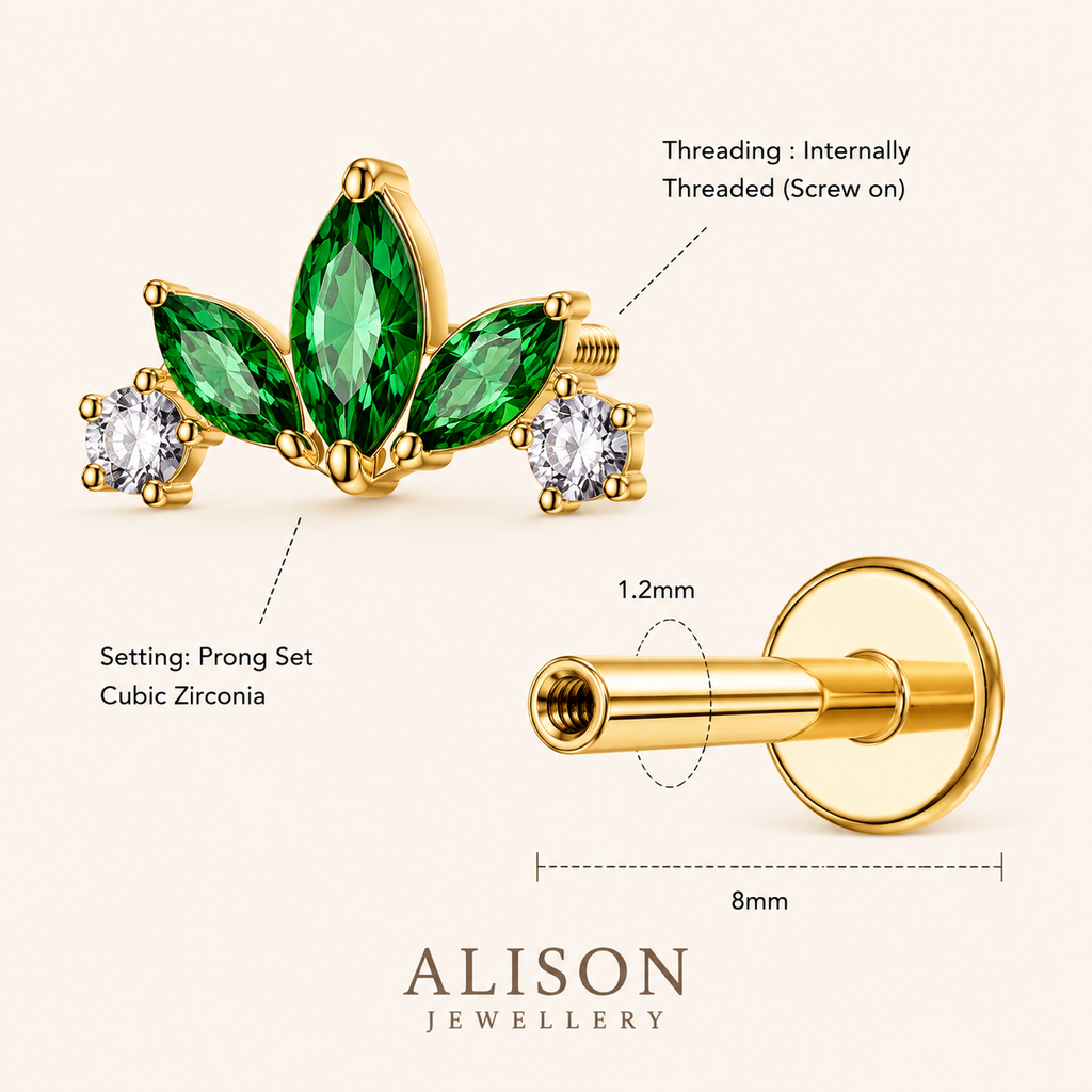 Emerald Leaf Internally Threaded Labret Stud - PAIR