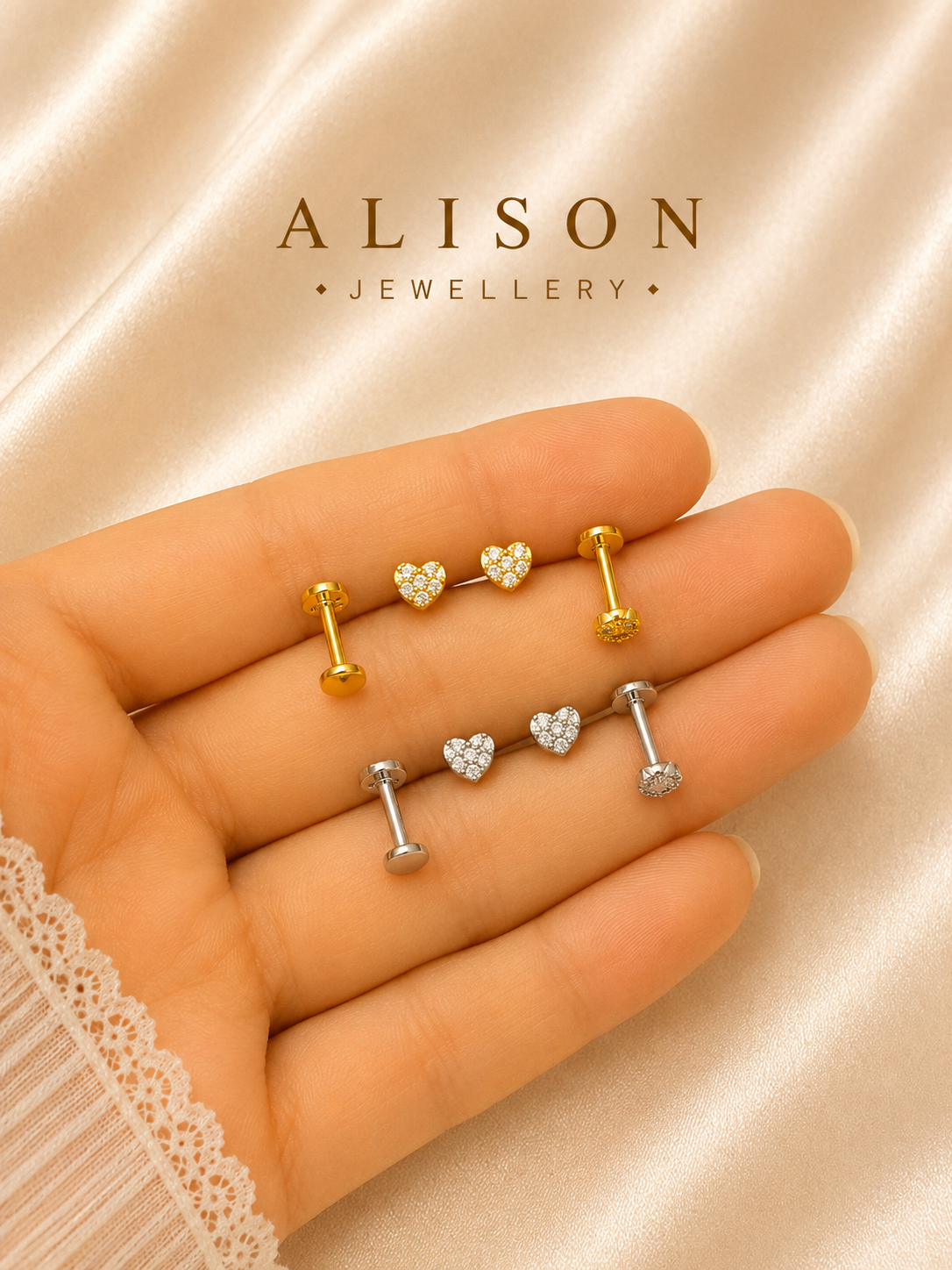 Stainless Steel Heart Zircon Flat Back Stud - PAIR