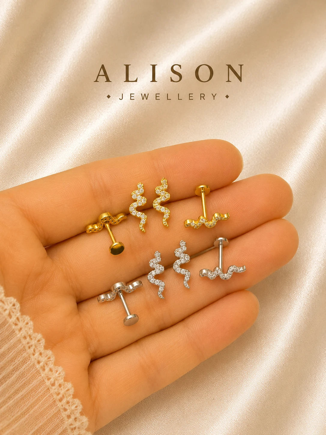 Stainless Steel Snake Zircon Flat Back Stud - PAIR