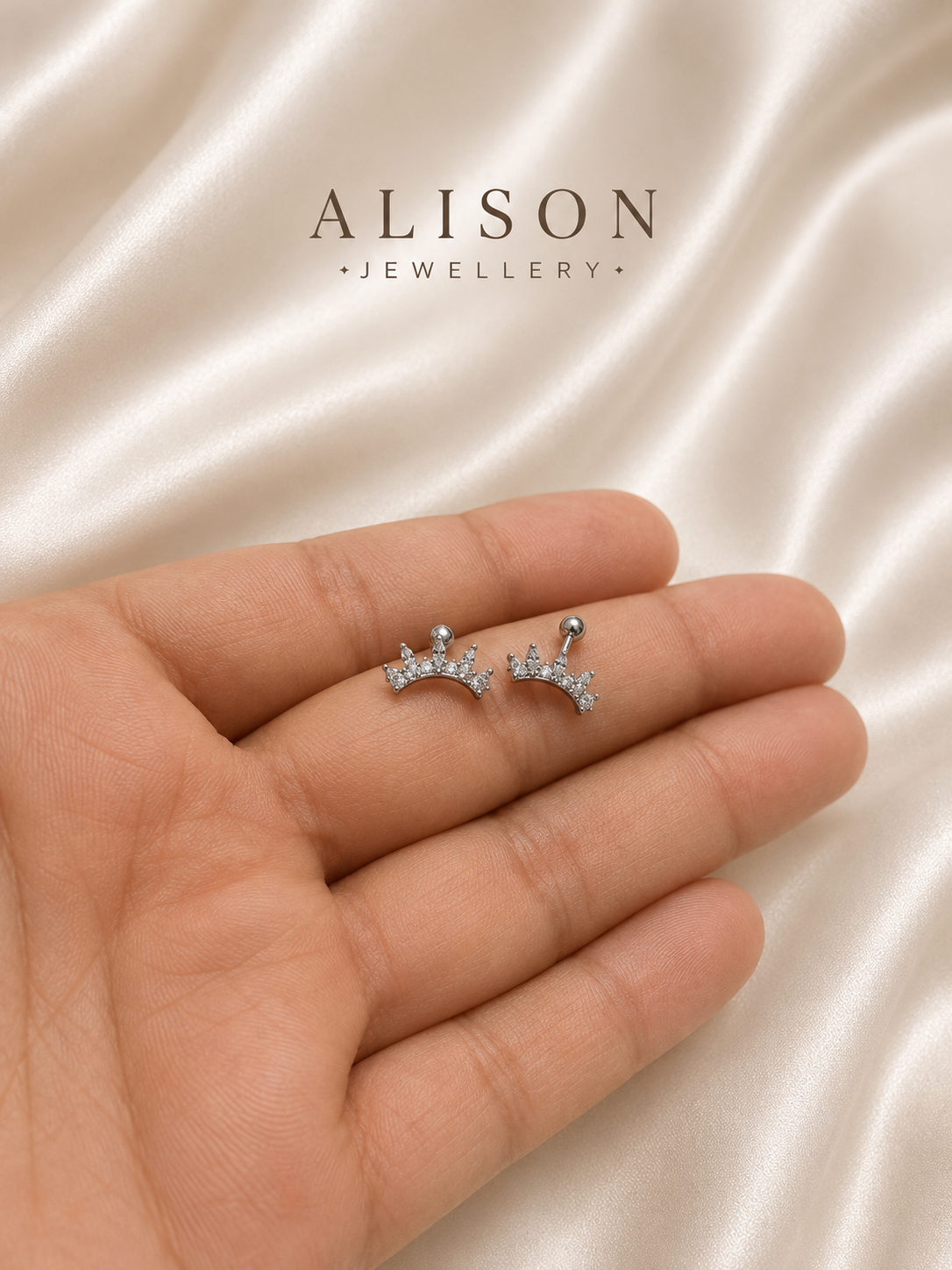 Stainless Steel Crown CZ Flat Back Cartilage Stud - PAIR