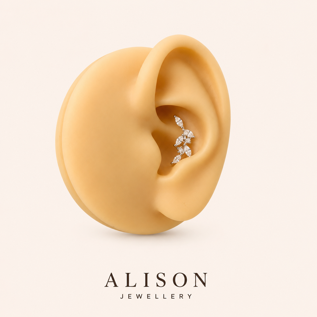 Stainless Steel Two-Tone Crystal Leaf Cartilage Stud Earrings -PAIR