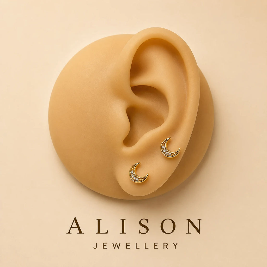 Stainless Steel Crescent Moon Zircon Flat Back Stud - PAIR
