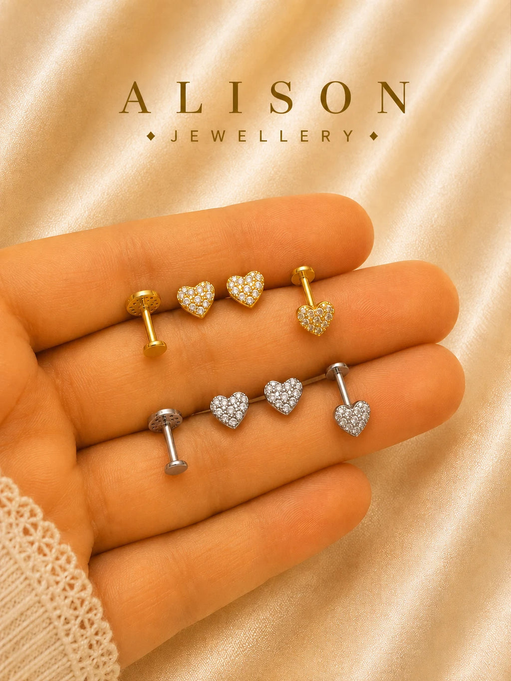 Stainless Steel Heart Zircon Flat Back Stud - PAIR