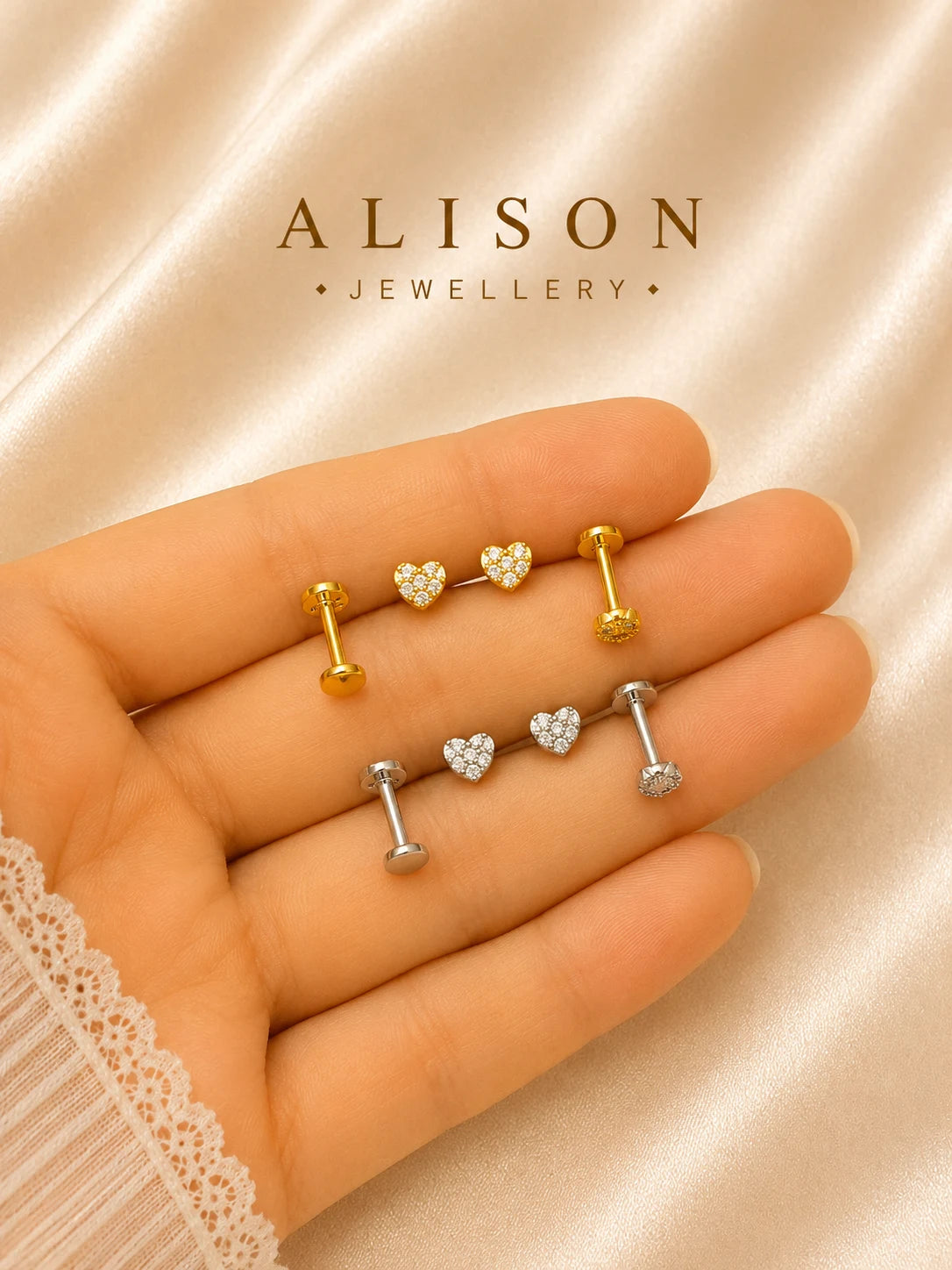 Stainless Steel Heart Zircon Flat Back Stud - PAIR