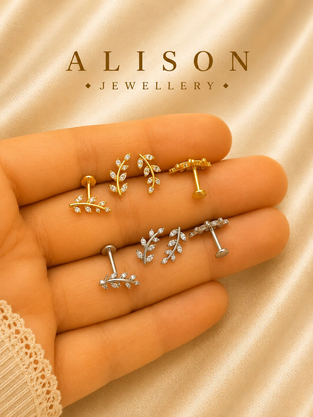 Stainless Steel Leaf Zircon Flat Back Stud - PAIR