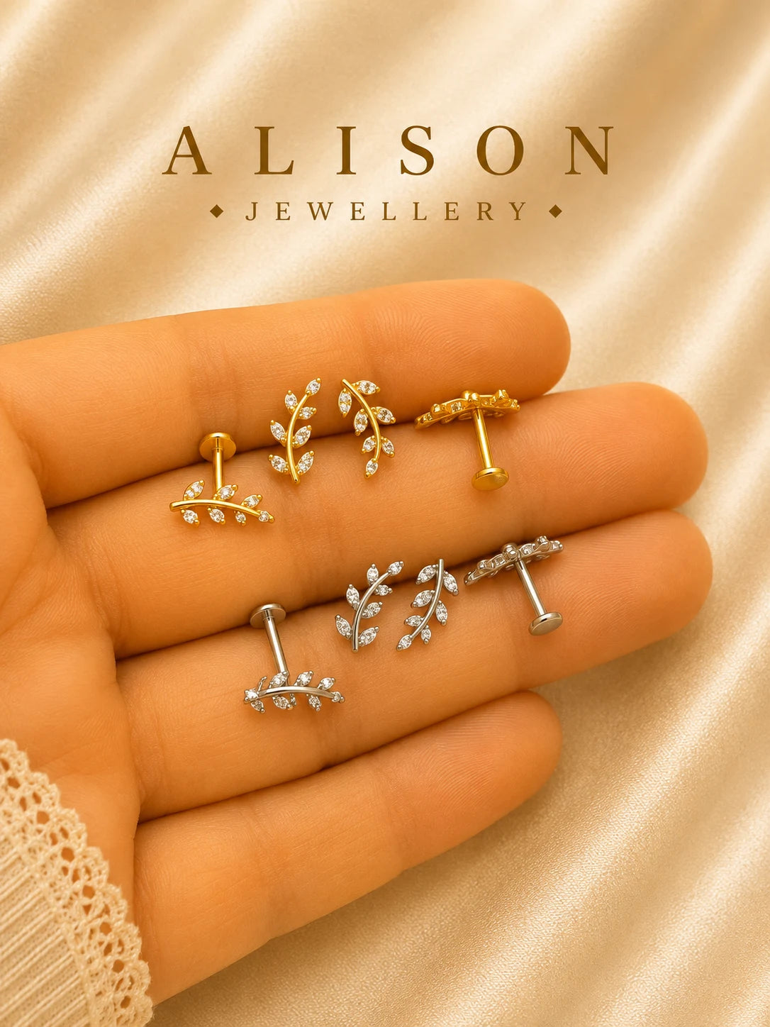 Stainless Steel Leaf Zircon Flat Back Stud - PAIR