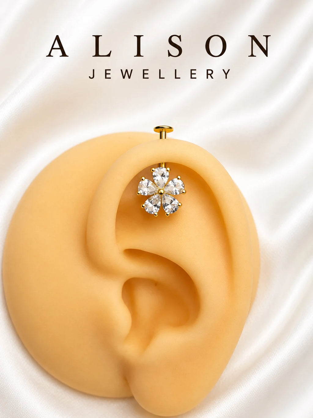 Flower Shaped CZ Gold & Silver Upper Helix (BUGADI)Studs 16G - 1 Piece