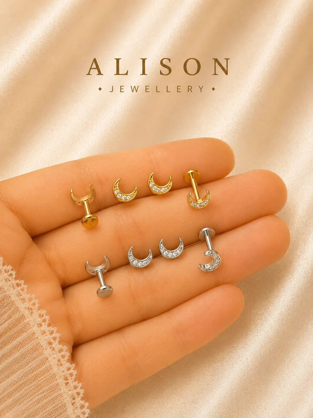 Stainless Steel Crescent Moon Zircon Flat Back Stud - PAIR