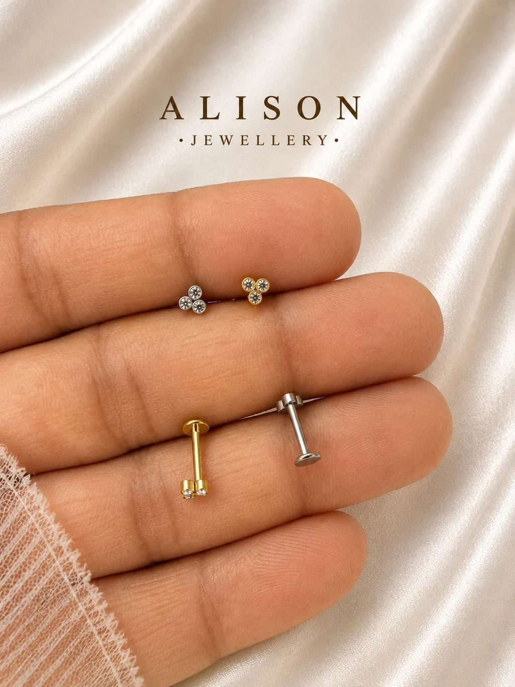 18K Gold Plated Stainless Steel Triple Crystal Labret Stud - PAIR