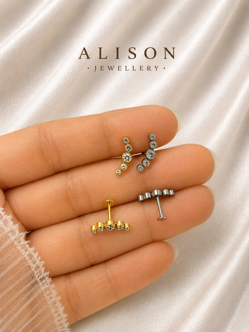 18K Gold Plated Stainless Steel Cascading Crystal Labret Stud - PAIR