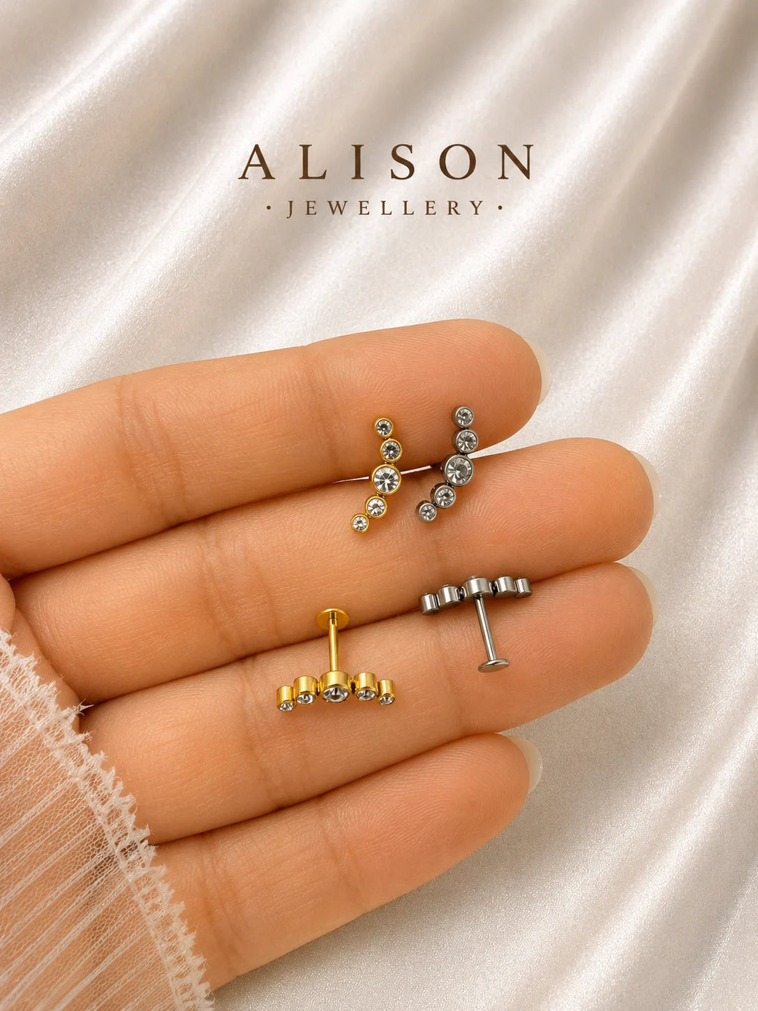 18K Gold Plated Stainless Steel Cascading Crystal Labret Stud - PAIR