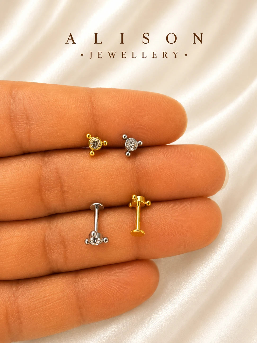 18K Gold Plated Stainless Steel Minimal Triangle Crystal Labret Stud - PAIR