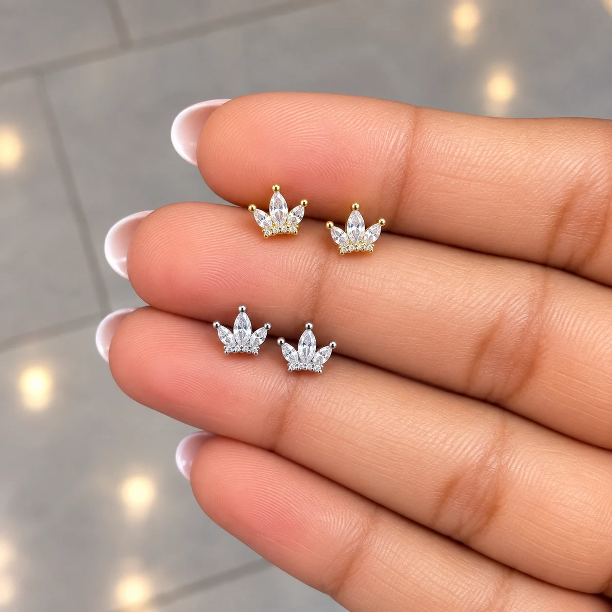 Surgical Steel Crown Marquise Trio Stud - PAIR