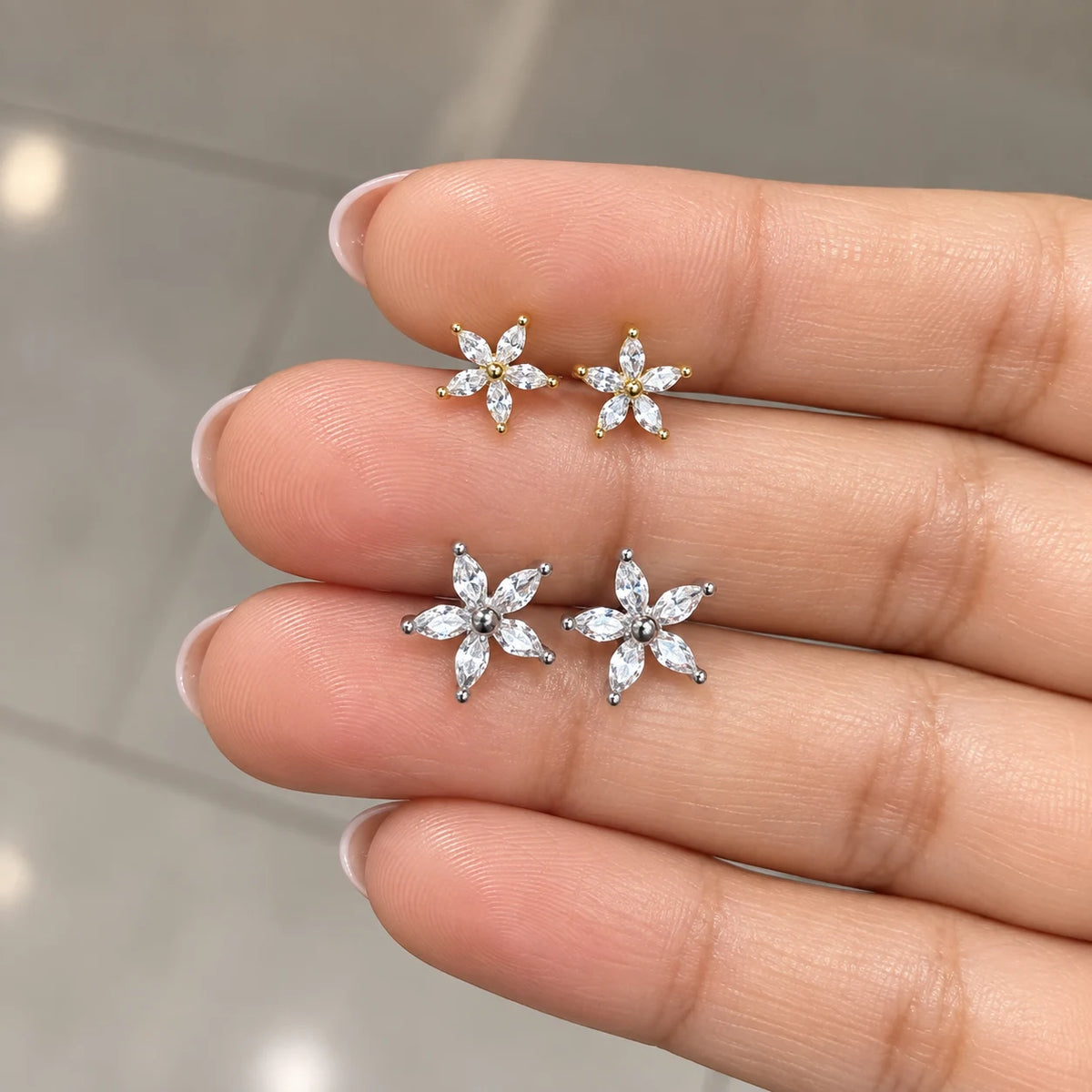 Surgical Steel Blossom Marquise Flower Stud - PAIR