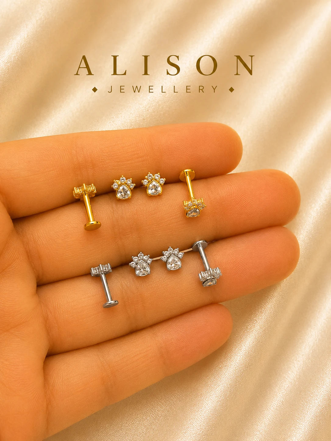 Stainless Steel Paw Zircon Flat Back Stud - PAIR