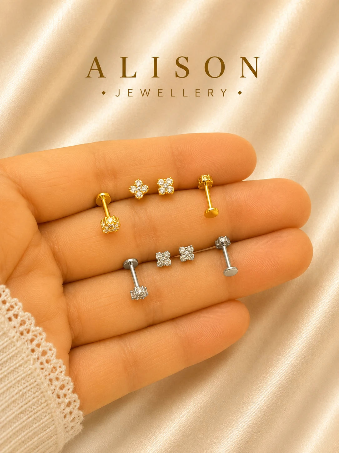 Stainless Steel Floral Zircon Flat Back Stud - PAIR
