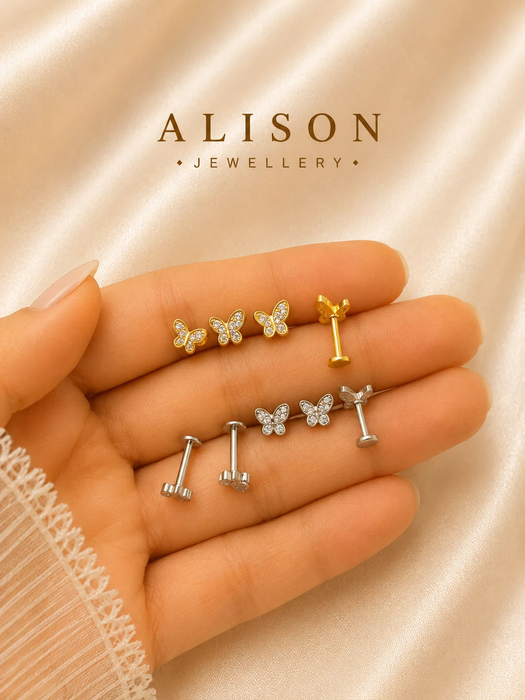 Stainless Steel Butterfly Zircon Flat Back Stud - PAIR