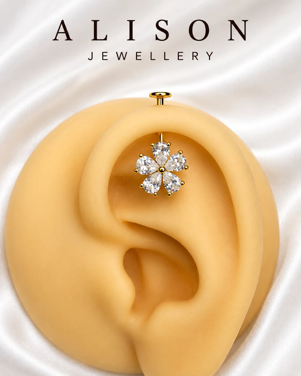 Flower Shaped CZ Gold & Silver Upper Helix (BUGADI)Studs 16G - 1 Piece