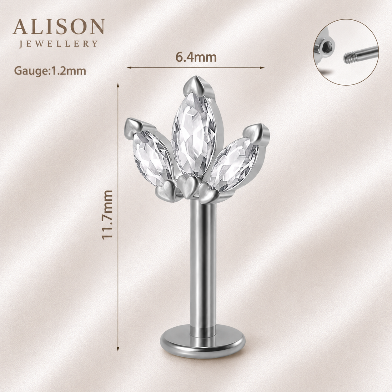 Marquise Crystal Flat Back Labret Stud - SIGNLE