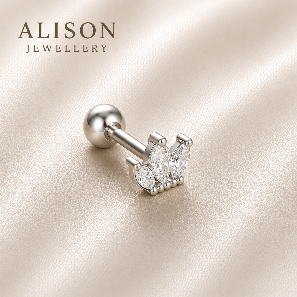 Surgical Steel Crown Marquise Trio Stud - PAIR