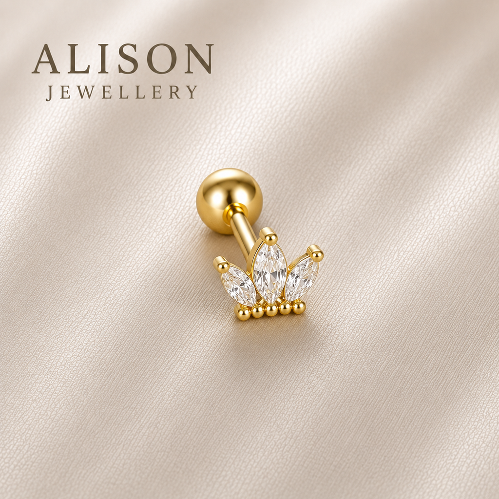 Surgical Steel Crown Marquise Trio Stud - PAIR