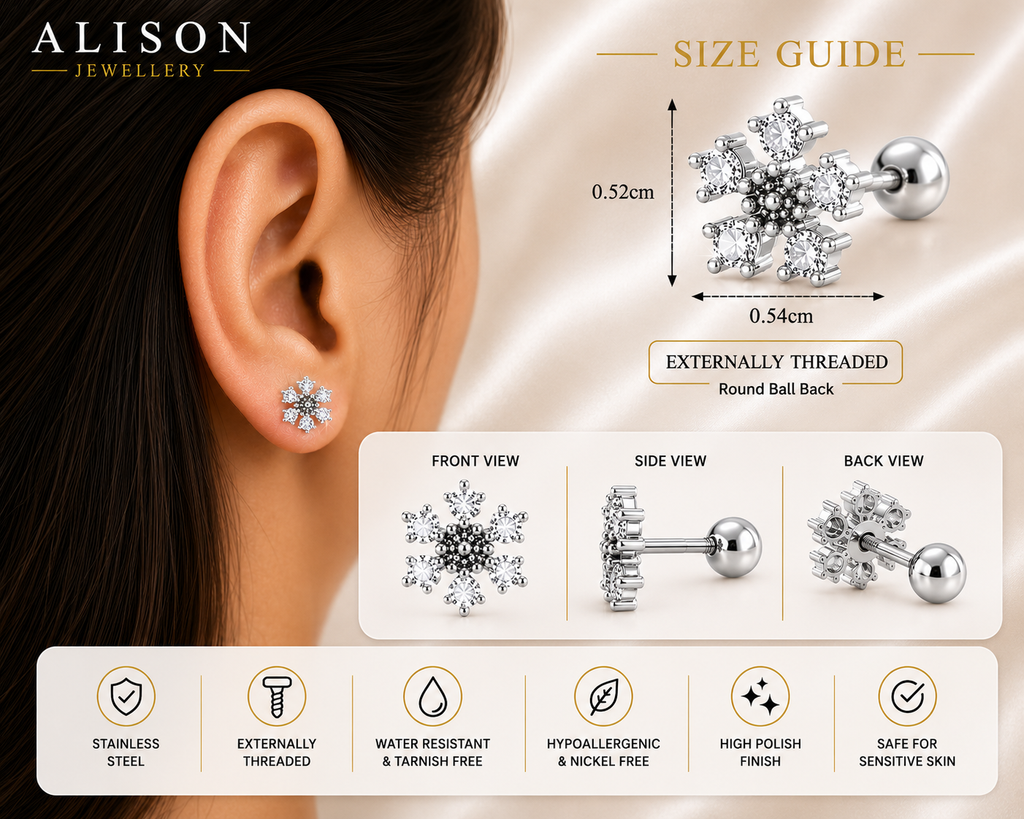 Stainless Steel Gold and Silver Snowflake CZ Stainless Steel Stud – PAIR