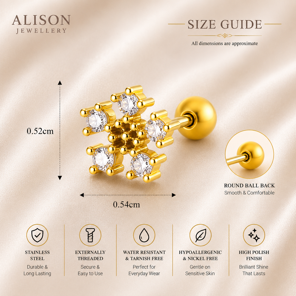 Stainless Steel Gold and Silver Snowflake CZ Stainless Steel Stud – PAIR