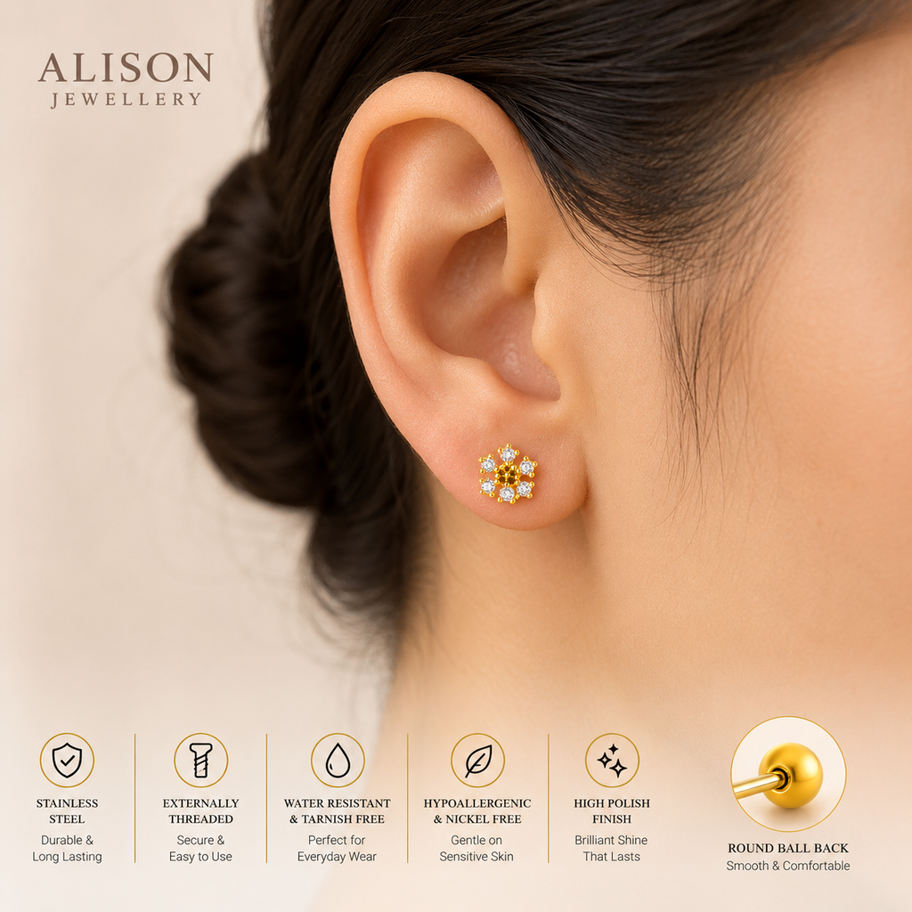 Stainless Steel Gold and Silver Snowflake CZ Stainless Steel Stud – PAIR