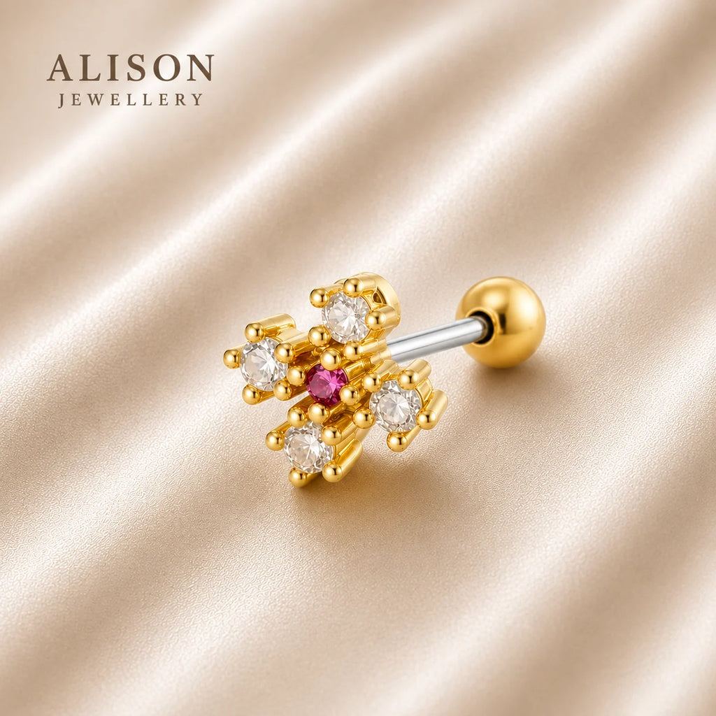 18k Gold Plated Stainless Steel Pink Snowflake - PAIR
