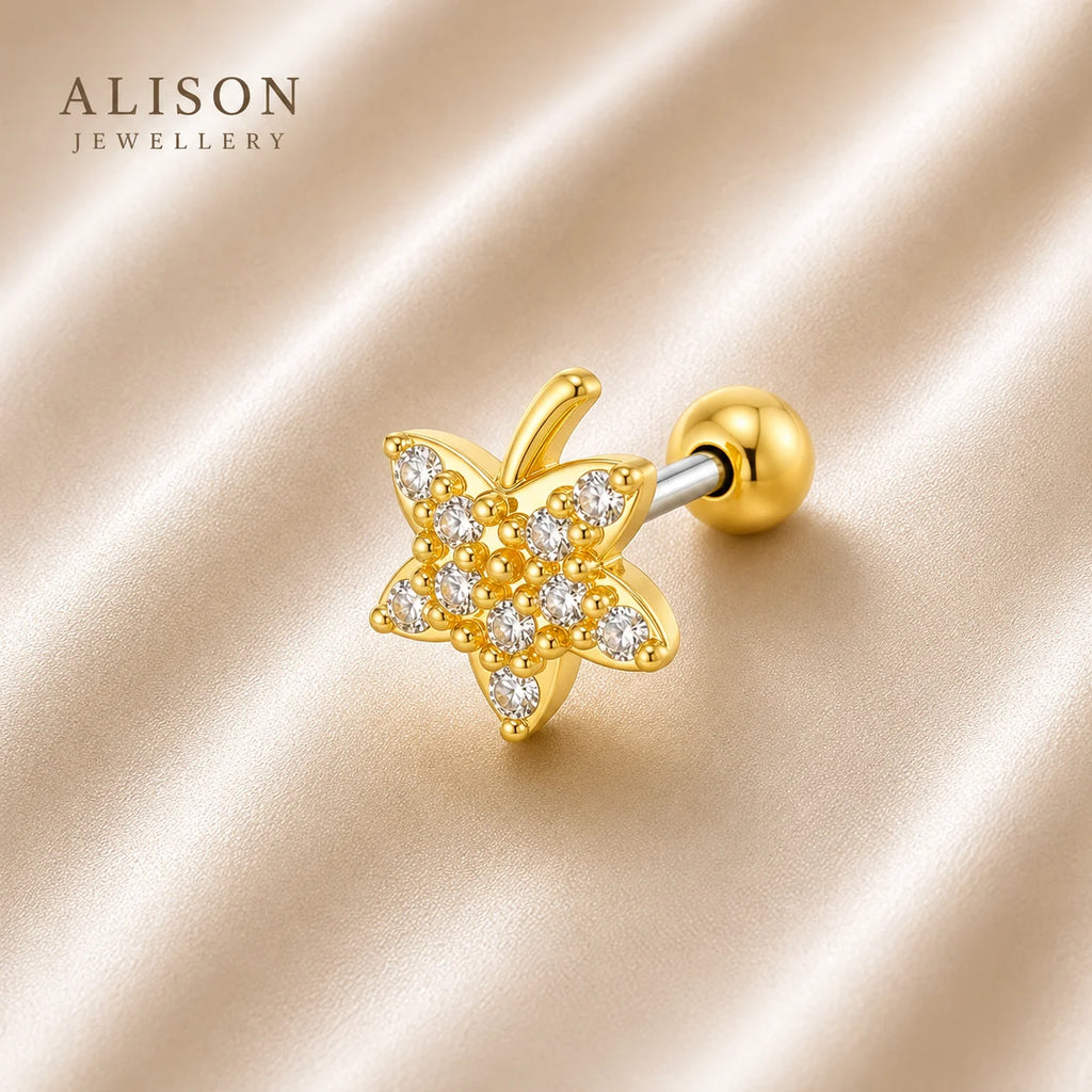 18k Gold Plated Stainless Steel Clear Stone Leaf – PAIR