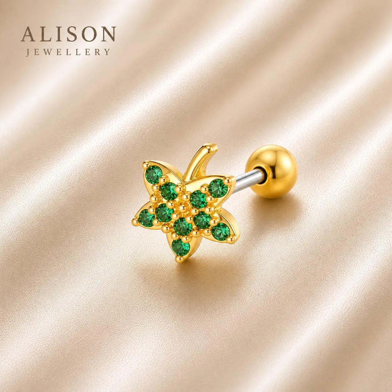 18k Gold Stainless Steel Green Stone Leaf – PAIR