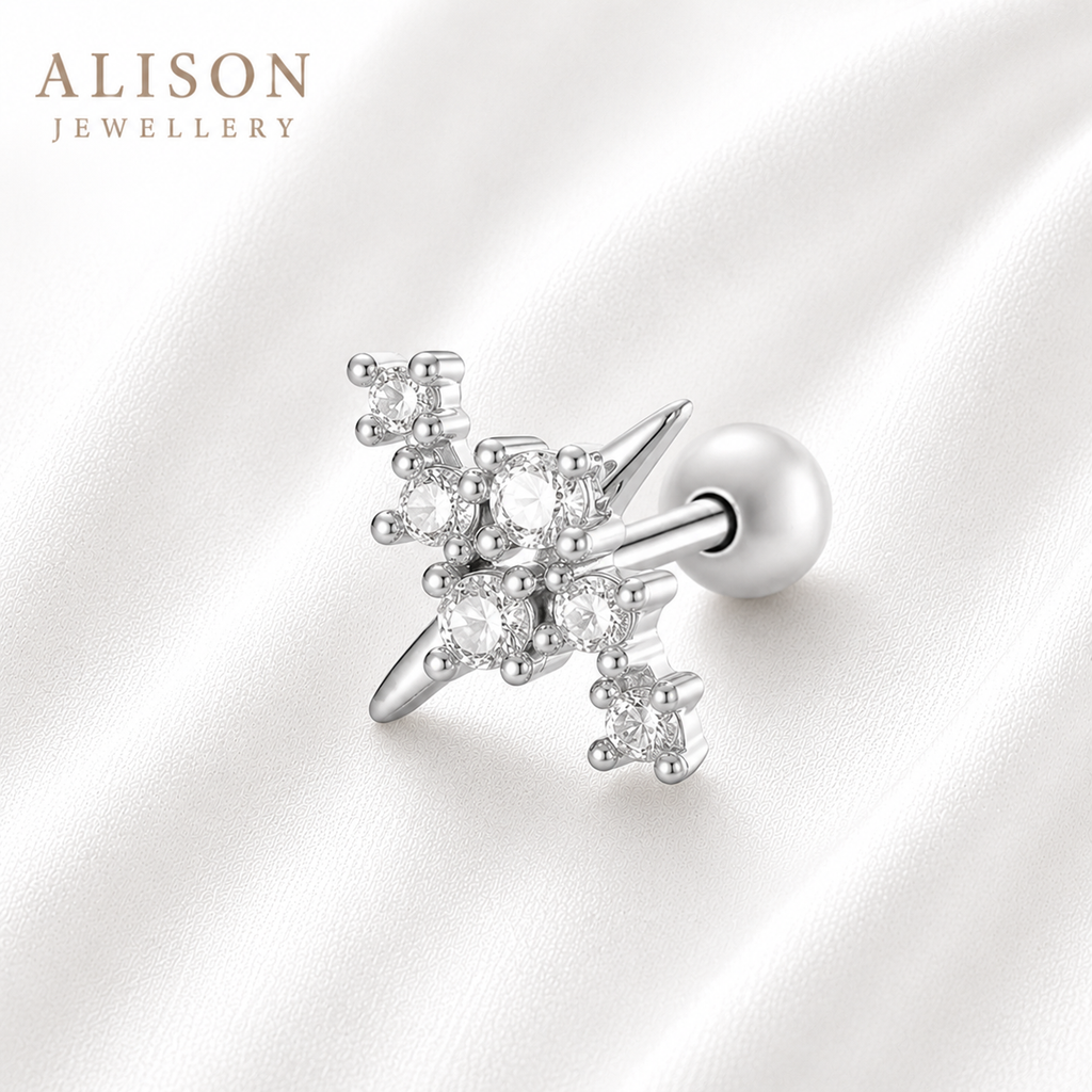 Stainless Steel Gold and Silver Starburst CZ Stud – PAIR
