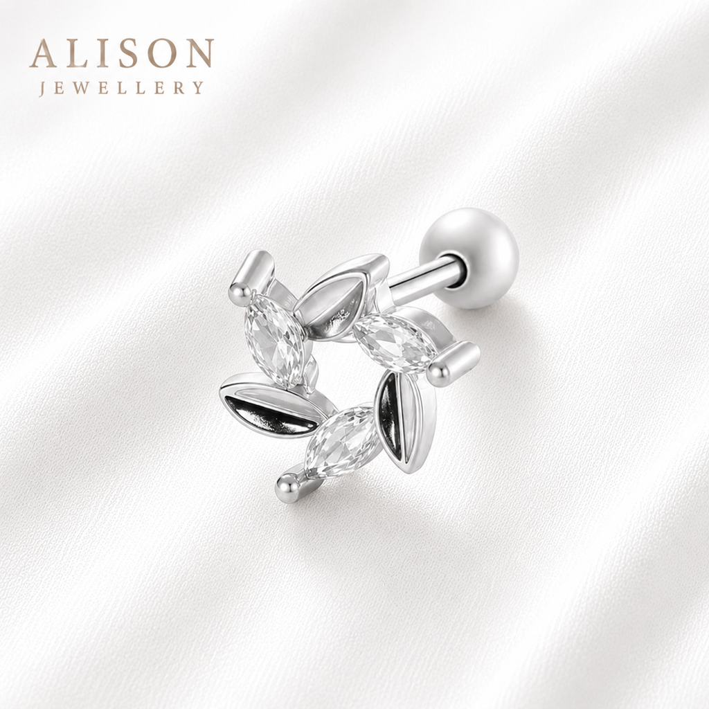 Stainless Steel Gold and Silver Leaf CZ Stud – PAIR