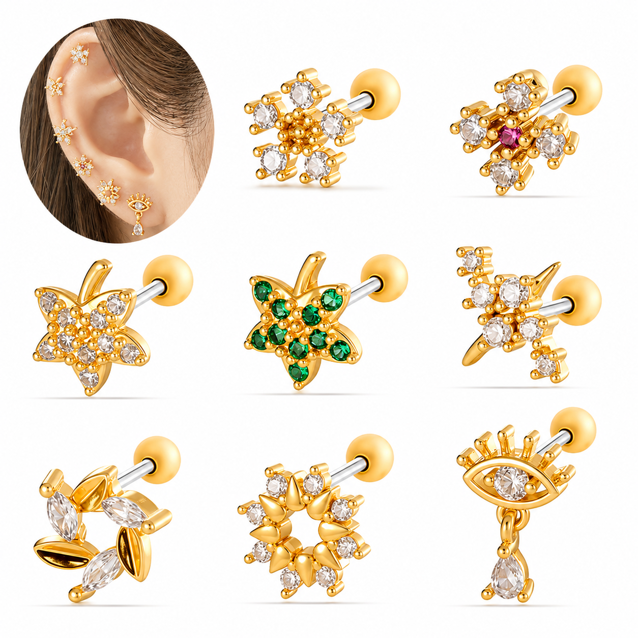 Stainless Steel Gold and Silver Starburst CZ Stud – PAIR