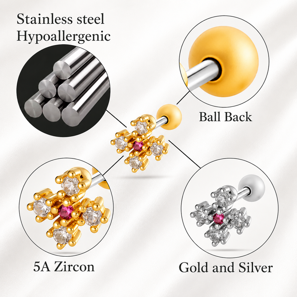 Stainless Steel Gold and Silver Snowflake CZ Stainless Steel Stud – PAIR