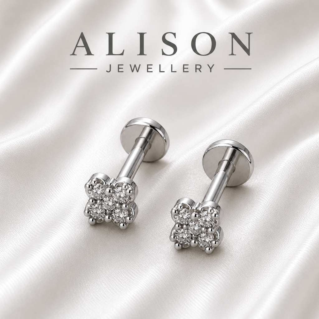 Stainless Steel Floral Zircon Flat Back Stud - PAIR