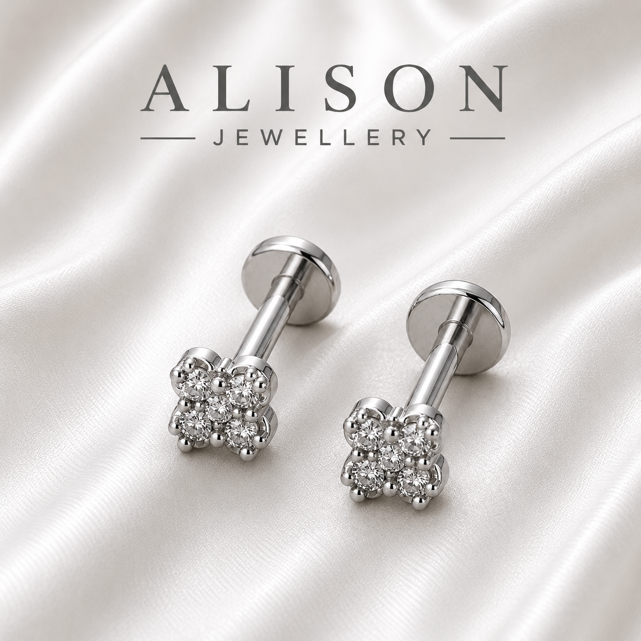 Stainless Steel Floral Zircon Flat Back Stud - PAIR