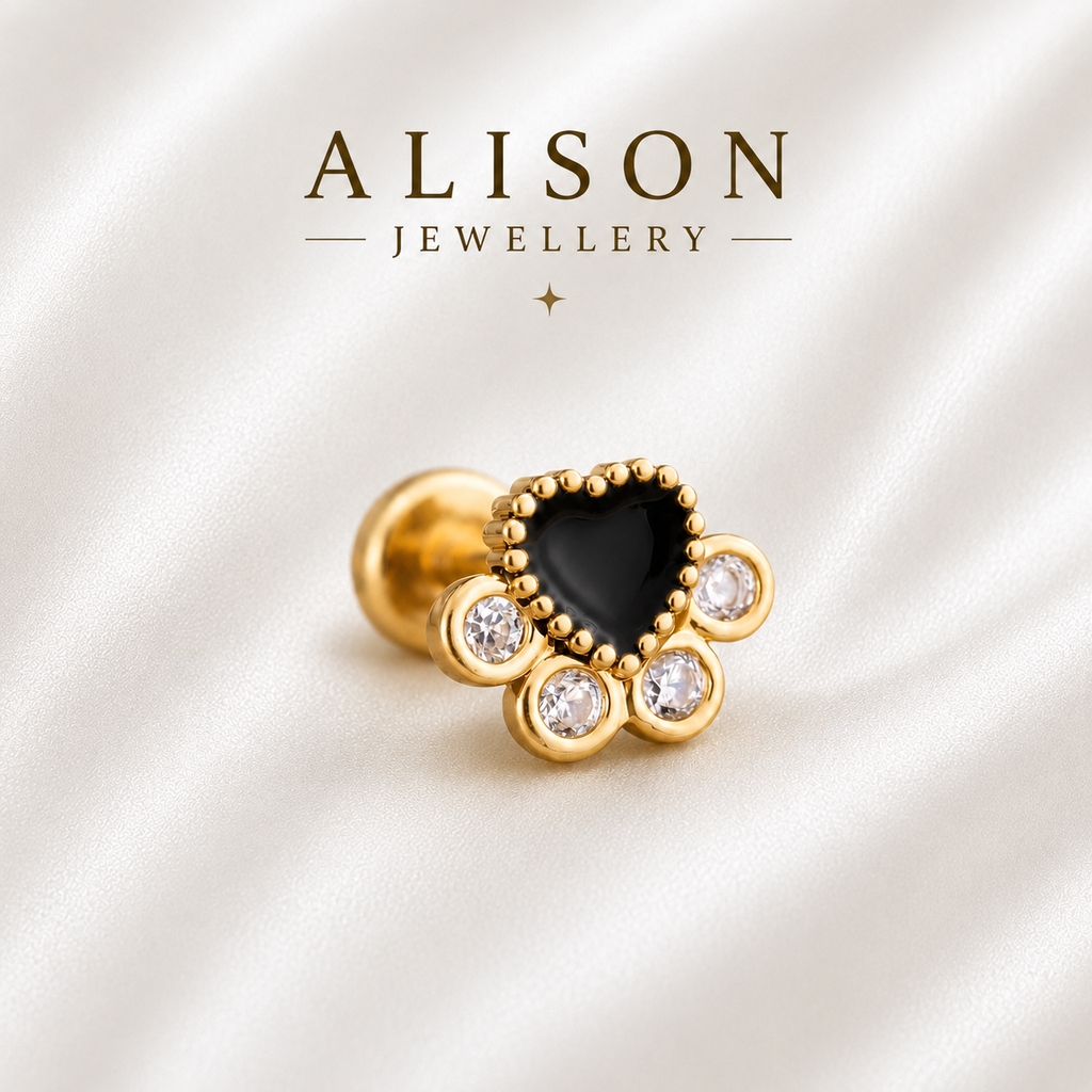 Stainless Steel Black Heart Crystal Flat Back Stud - PAIR