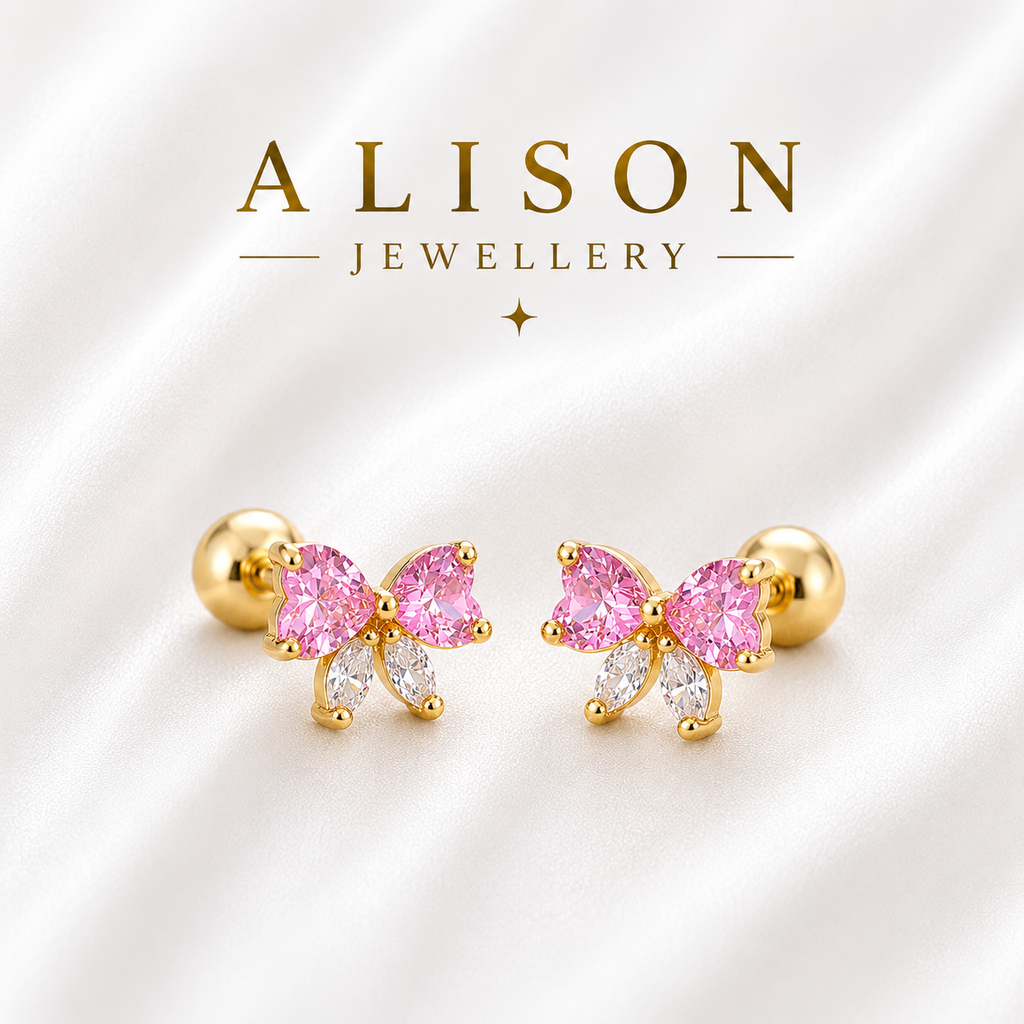 Stainless Steel Pink Crystal Bow Flat Back Stud Earrings - PAIR