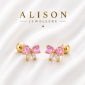 Stainless Steel Pink Crystal Bow Flat Back Stud Earrings - PAIR