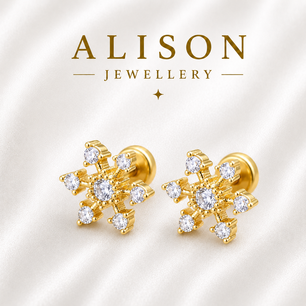 Stainless Steel Crystal Snowflake Flat Back Stud Earrings - PAIR