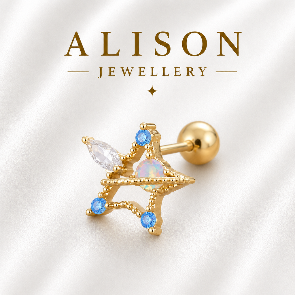 Stainless Steel Celestial Star Opal Flat Back Stud Earrings - PAIR