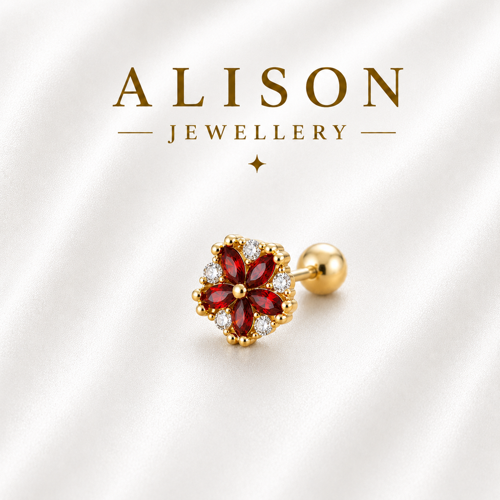 Stainless Steel Red Floral Crystal Flat Back Stud Earrings - PAIR