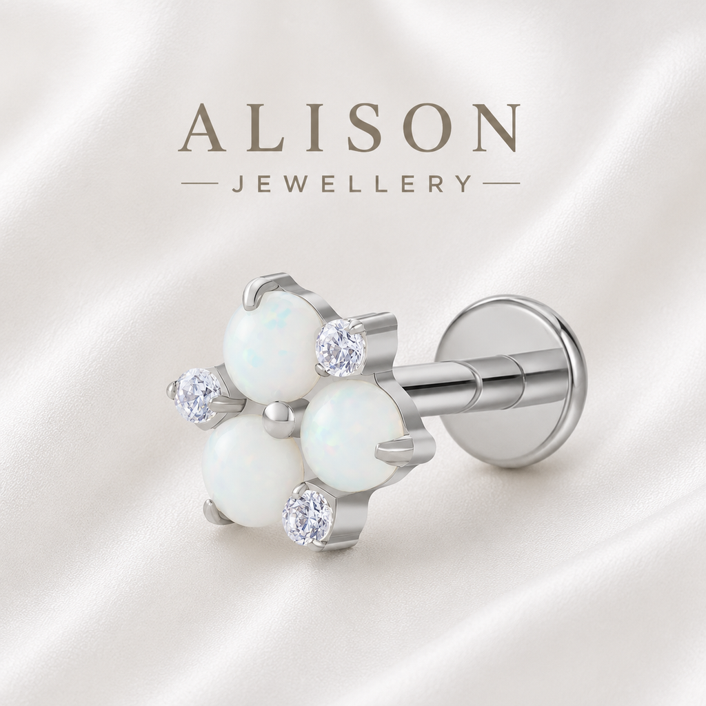 ASTM F136 Titanium Opal Flower Threadless Flat Back Labret Stud – PAIR | 18K Gold Plated