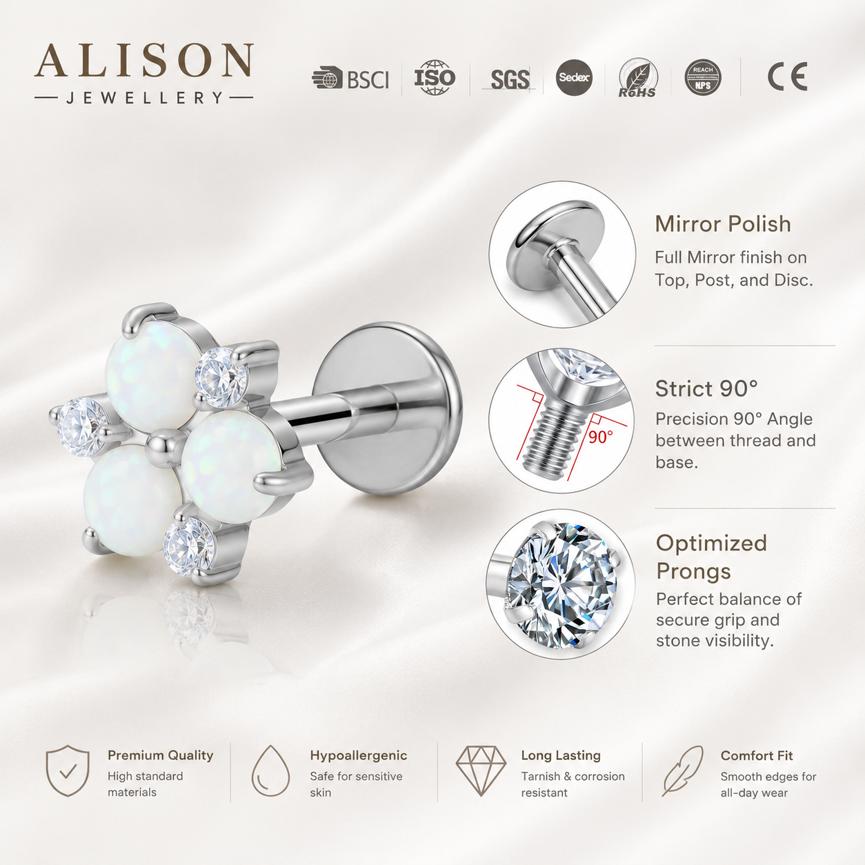 ASTM F136 Titanium Opal Flower Threadless Flat Back Labret Stud – PAIR | 18K Gold Plated